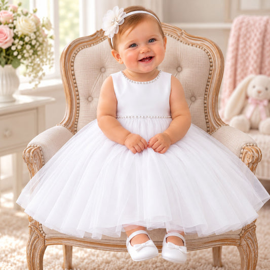 A smiling toddler girl wearing a sleeveless white tulle dress with a pearl-trimmed bodice, white shoes, and a white flower headband, seated in an ornate cream upholstered armchair in a bright nursery.