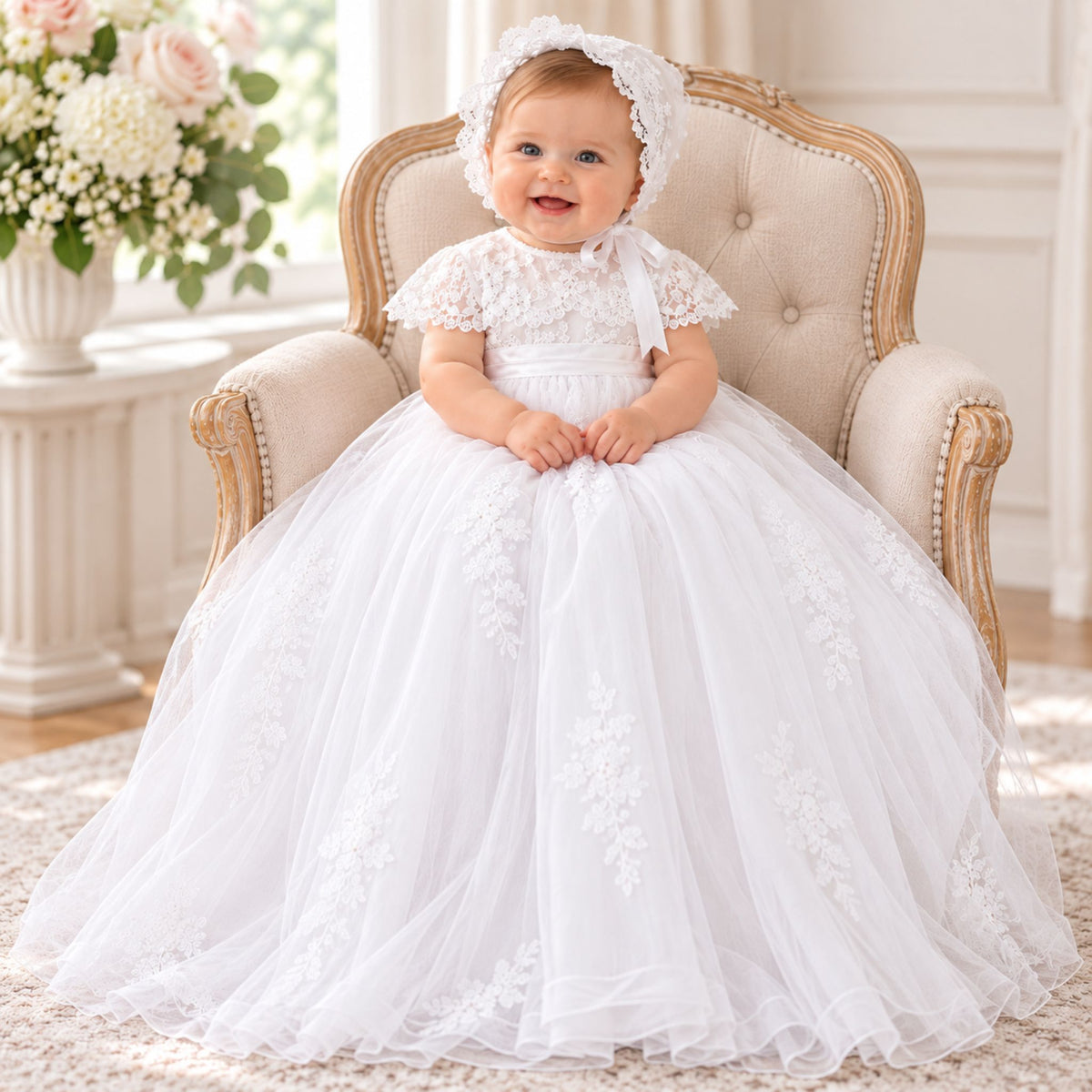 Sarah Louise Girls White Long Christening Gown & Bonnet (001163)