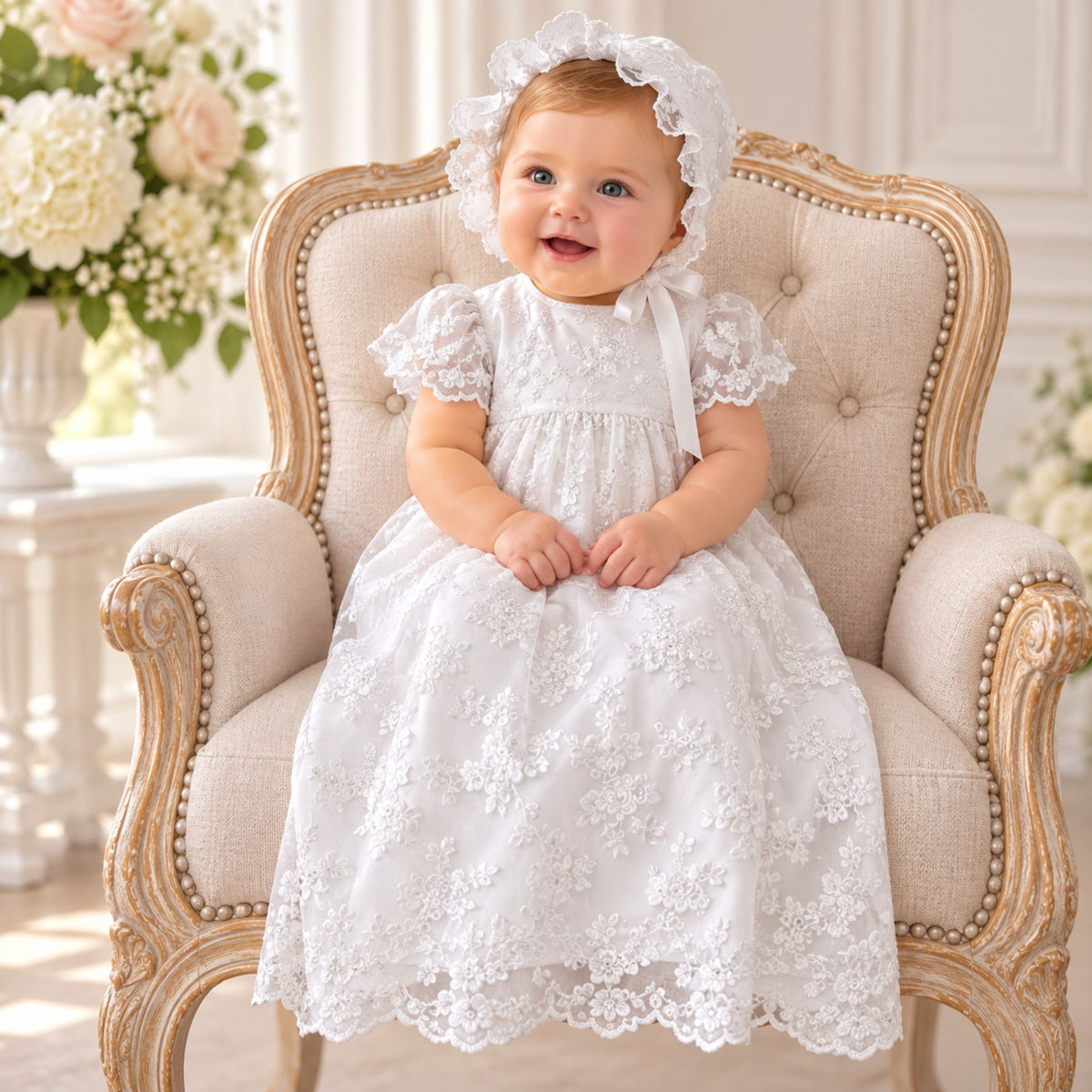 bby girl white lace christening gown