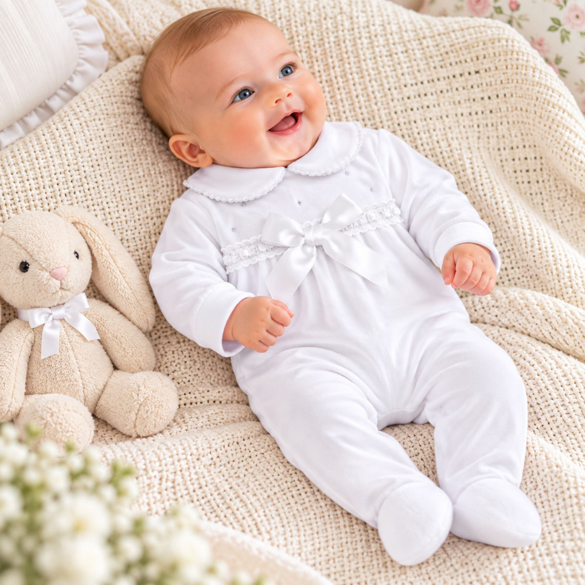 baby girl white velour sleepsuit with diamntes and bow