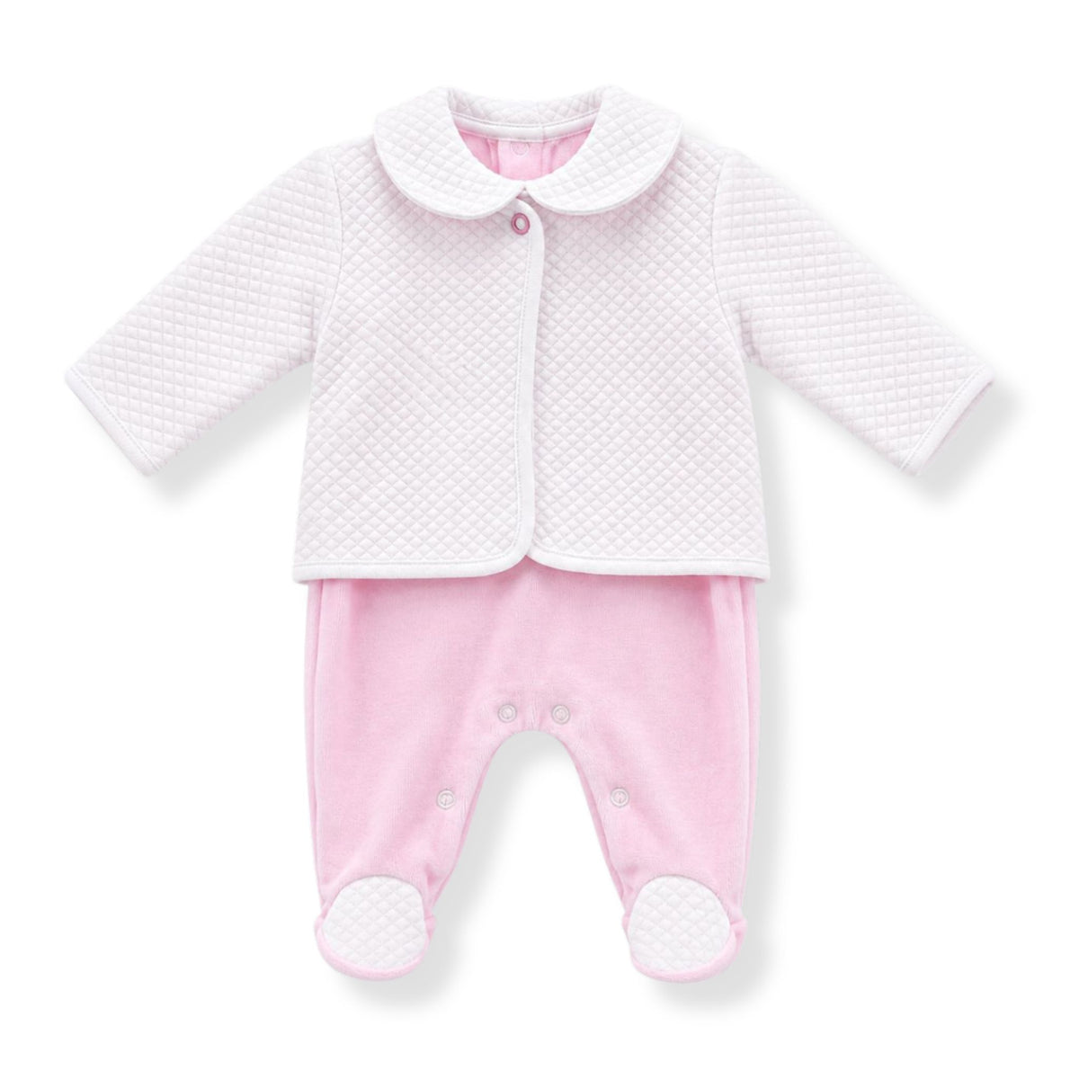 Baby girls pink velour babygrow with white quilted collar and feet and matching white jacket