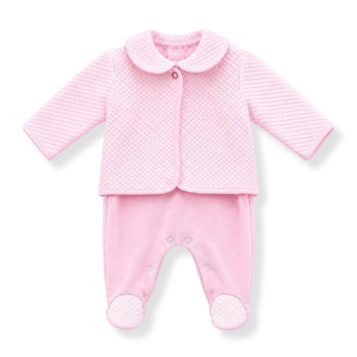 Baby girls pink velour babygrow with pink quilted collar feet and matching jacket