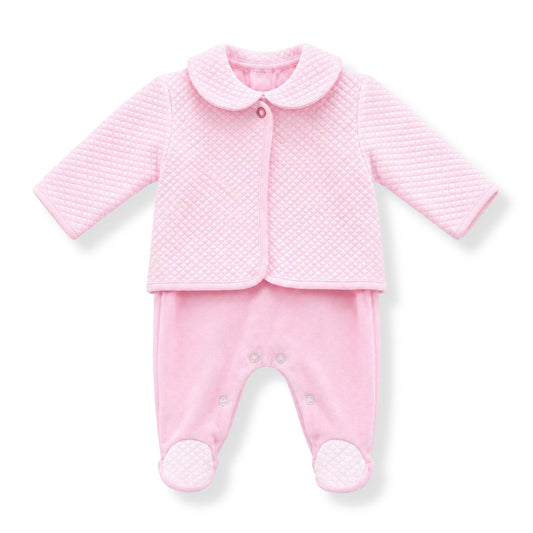 Baby girls pink velour babygrow with pink quilted collar feet and matching jacket