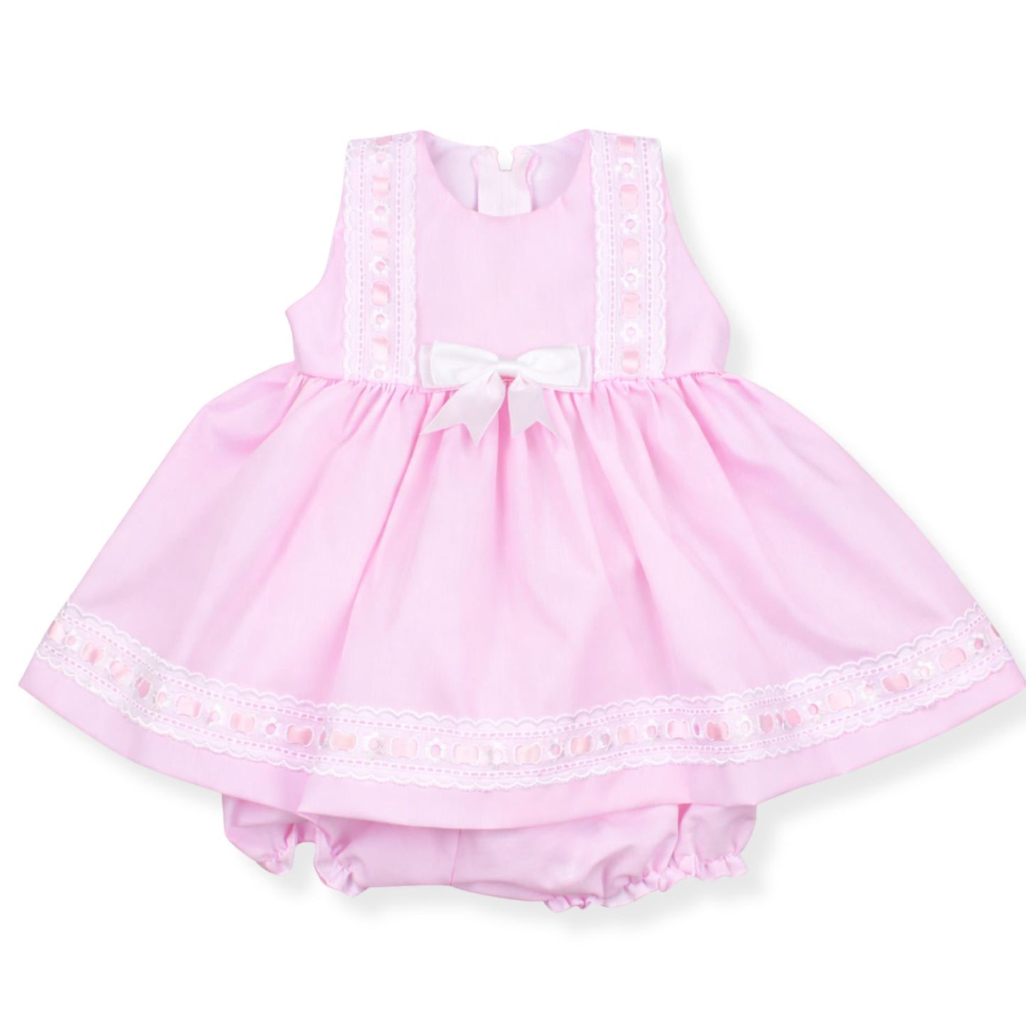 Pink baby dress with lace details on a white background