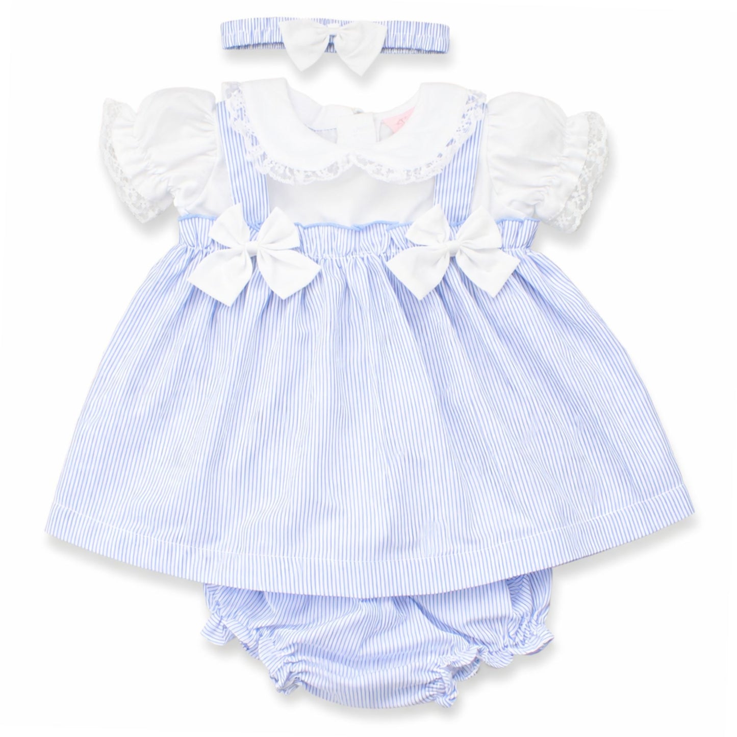 Baby Girls Blue Stripe Dress Set with Lace Collar, Bloomers & Headband