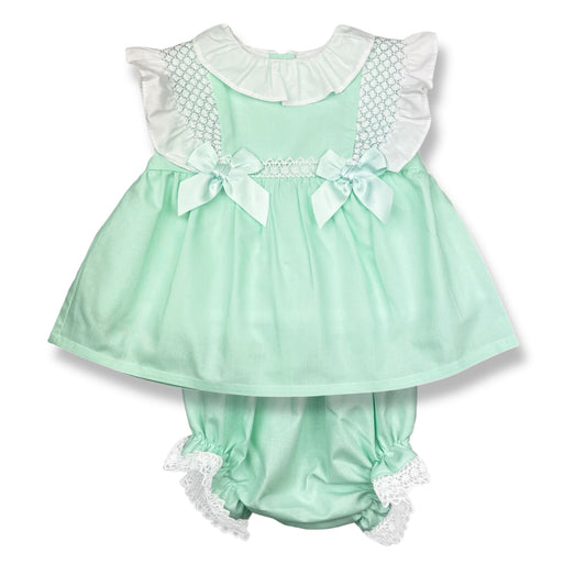 Baby Girls Mint Green Smocked Dress with Bloomers – Summer Outfit