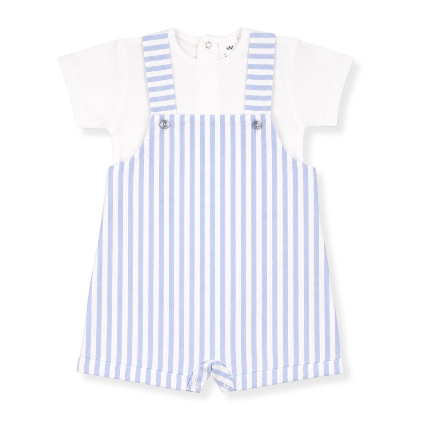 White t-shirt with blue striped overalls on a white background