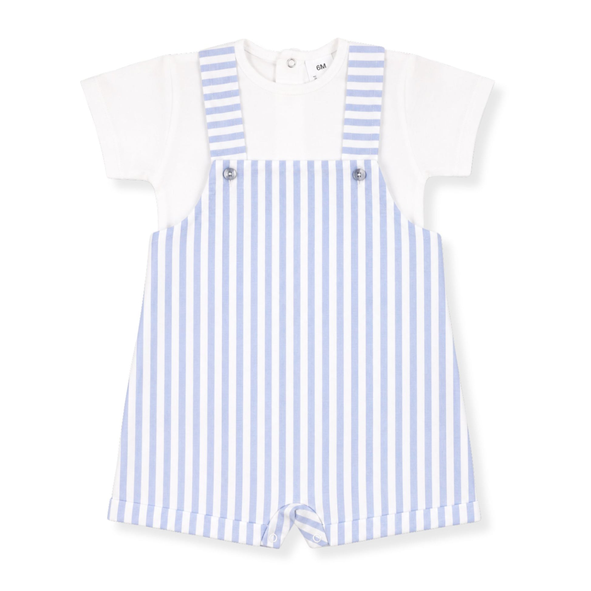 White t-shirt with blue striped overalls on a white background