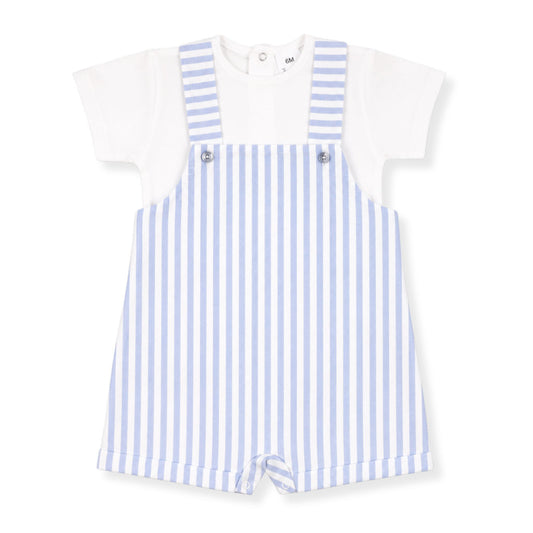 White t-shirt with blue striped overalls on a white background