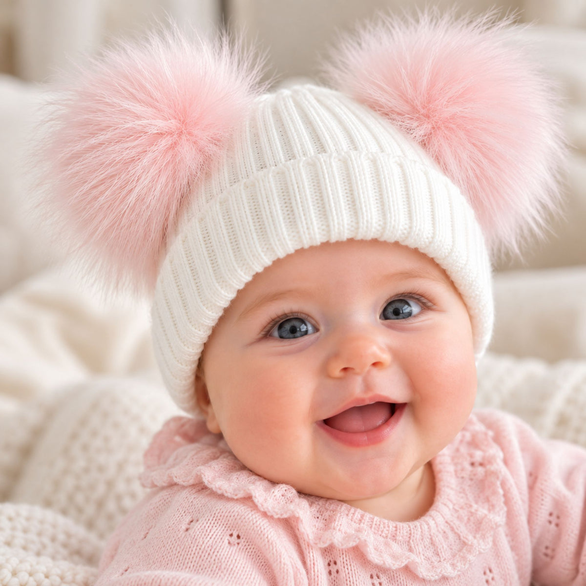 A smiling baby wearing a white ribbed knit beanie with two large fluffy pink pom-poms, paired with a light pink knit top, set against a soft cream-colored background.