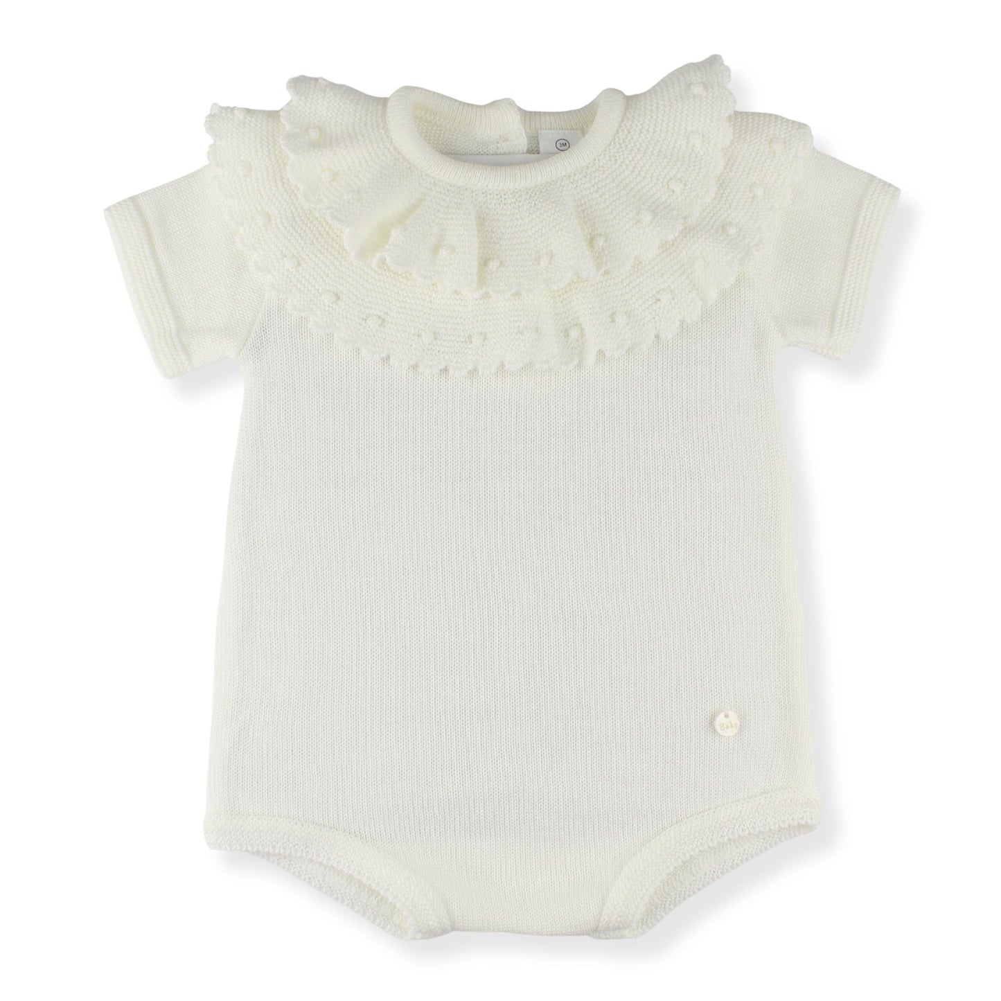 White baby romper with ruffled collar on a white background