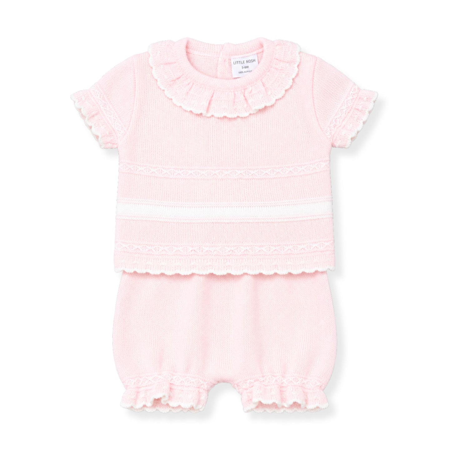 Pink baby outfit with ruffled details on a white background