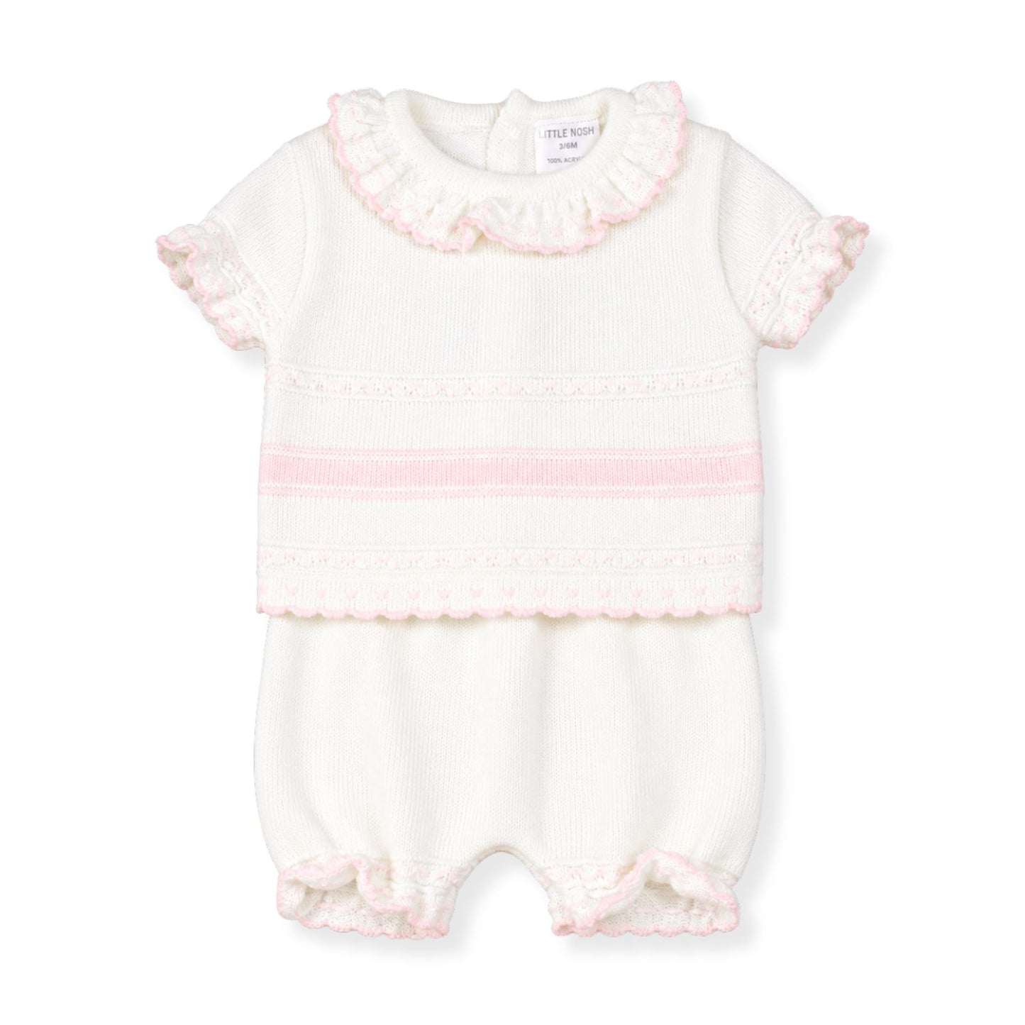 White baby romper with pink trim on a white background