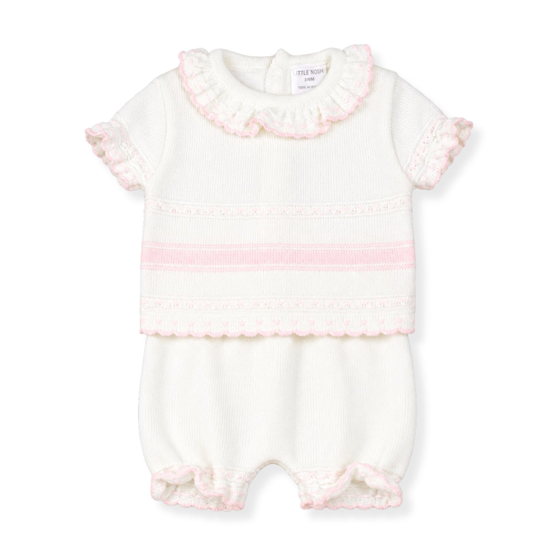 White baby romper with pink trim on a white background