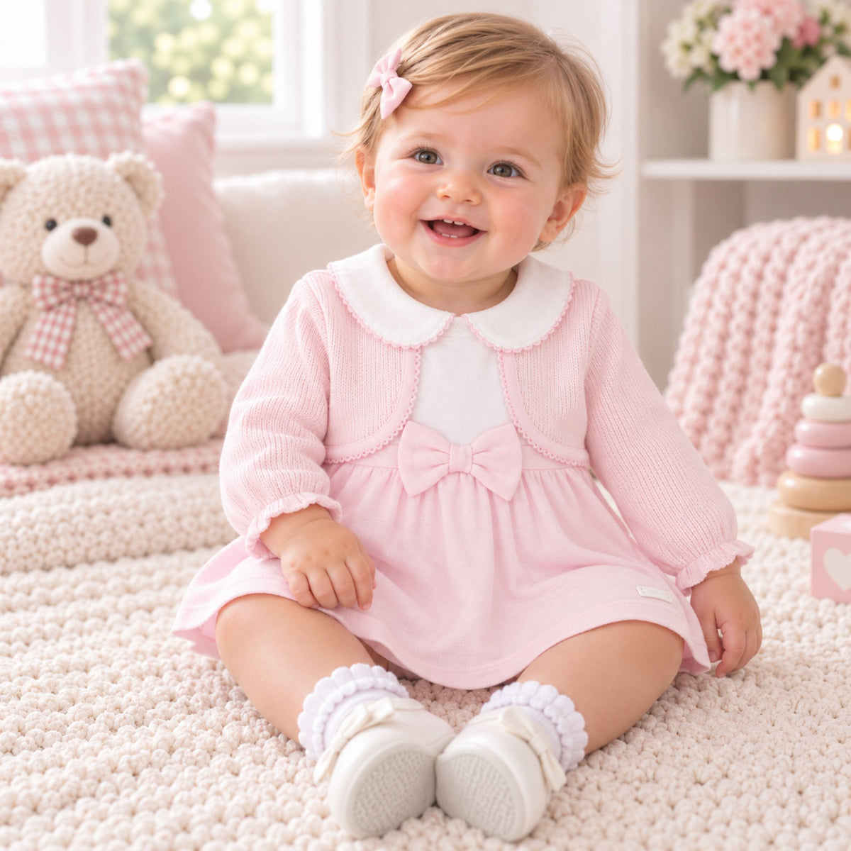 A baby girl sitting on a cream knit rug wearing a pink ribbed long-sleeve romper with a white Peter Pan collar and a pink bow at the center. The background is a soft, styled nursery scene with a teddy bear, pink pillows, and a knitted blanket.