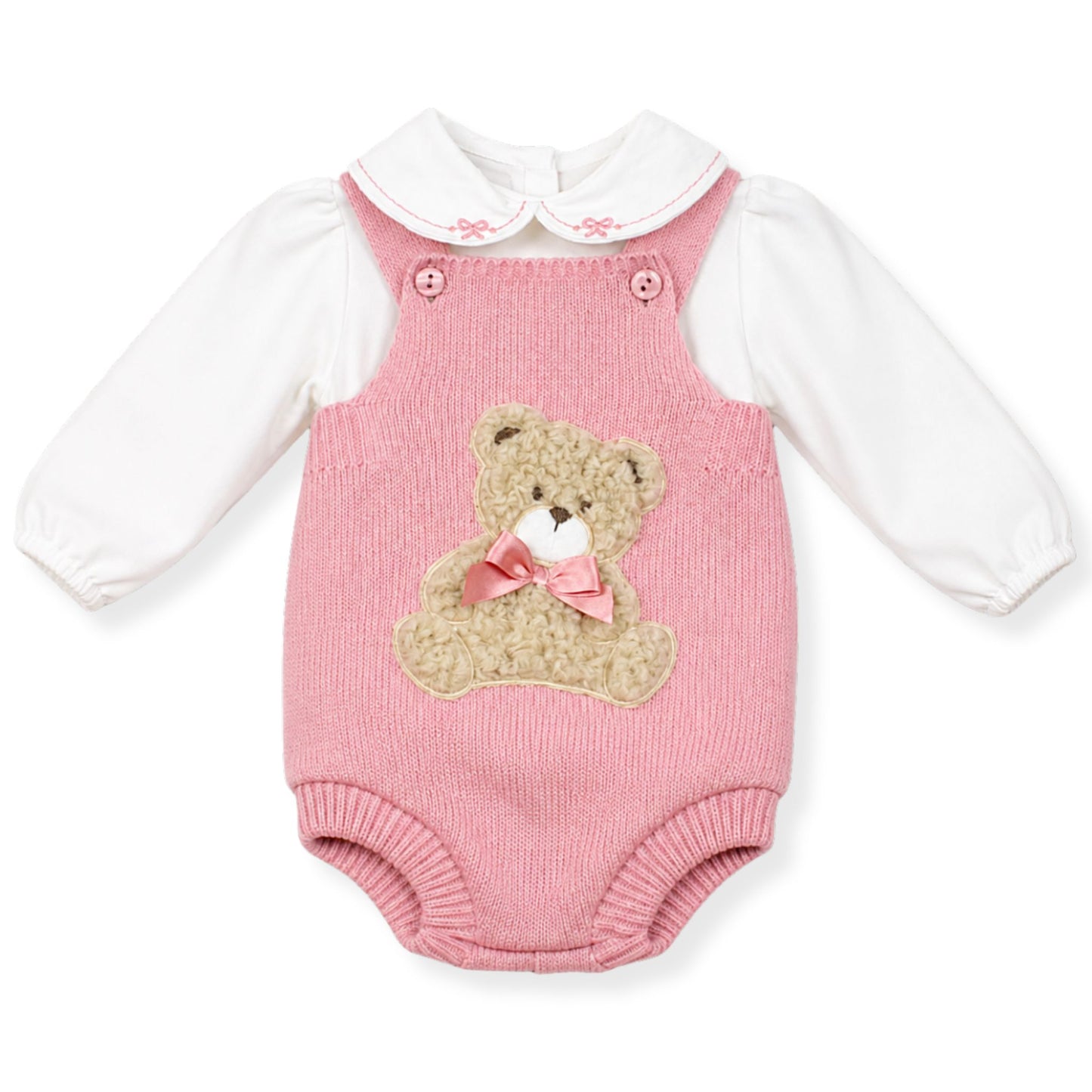 Pink baby romper with teddy bear design on a white background