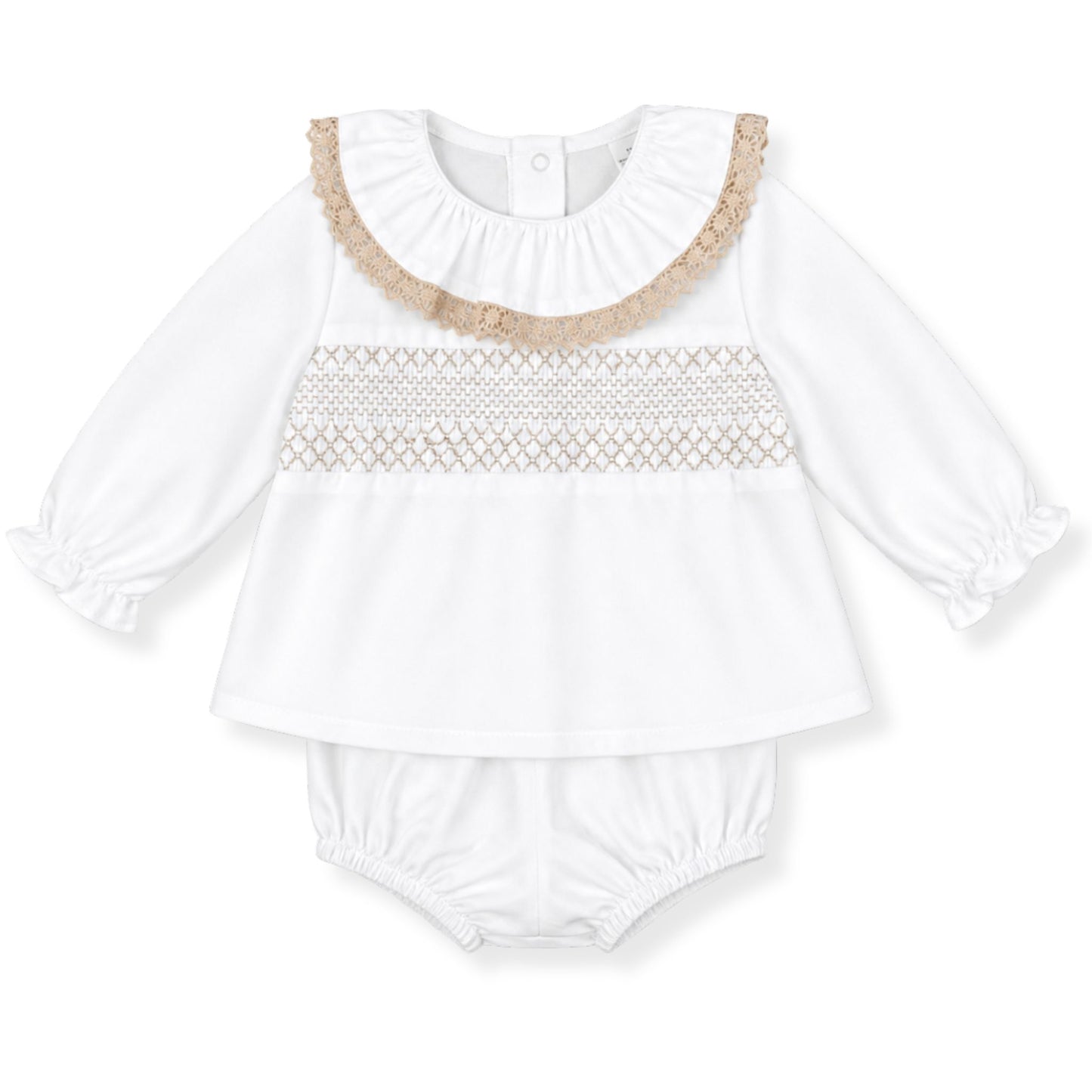Elegant White Two-Piece Baby Girl Outfit with Beige Lace & Smocking