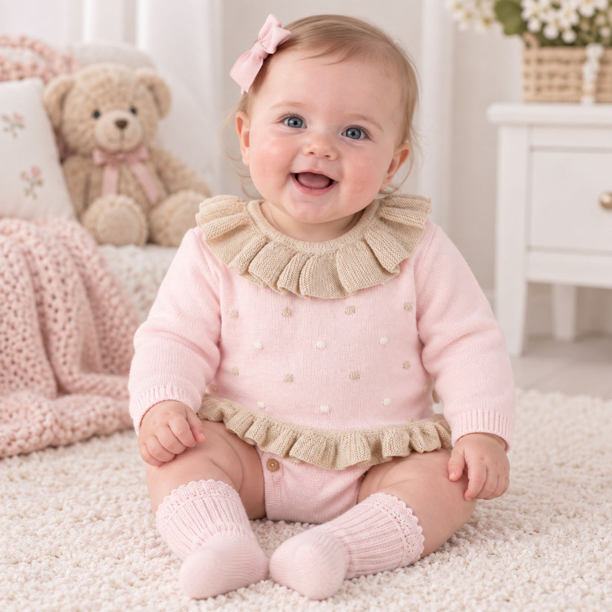 A smiling baby girl sitting on a white carpet in a cozy room, wearing a pink knit romper with beige ruffle trim and matching pink booties.