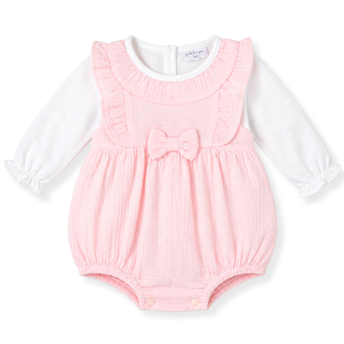 Pink baby romper with a bow on a white background