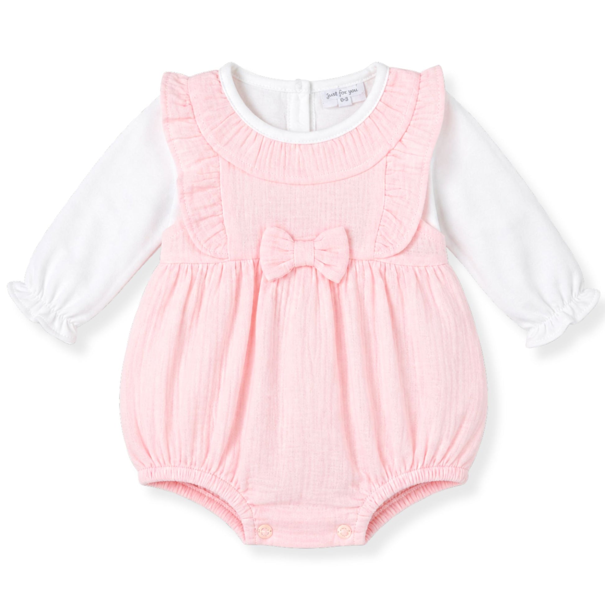 Pink baby romper with a bow on a white background