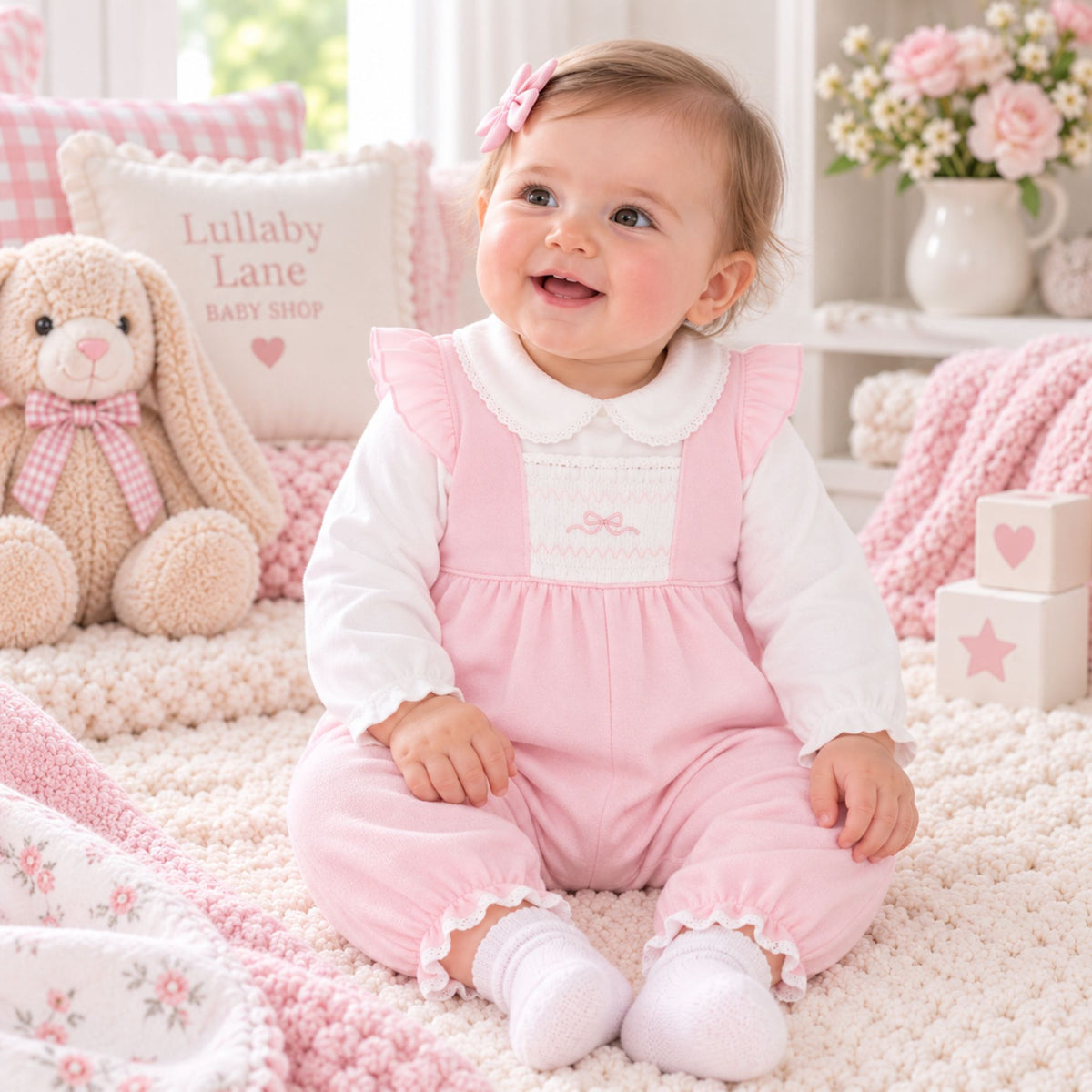 A baby girl sitting on a fluffy cream rug in a cozy nursery setting, wearing a pink and white long-sleeve romper with ruffled sleeves and legs, white socks, and a pink bow in her hair.