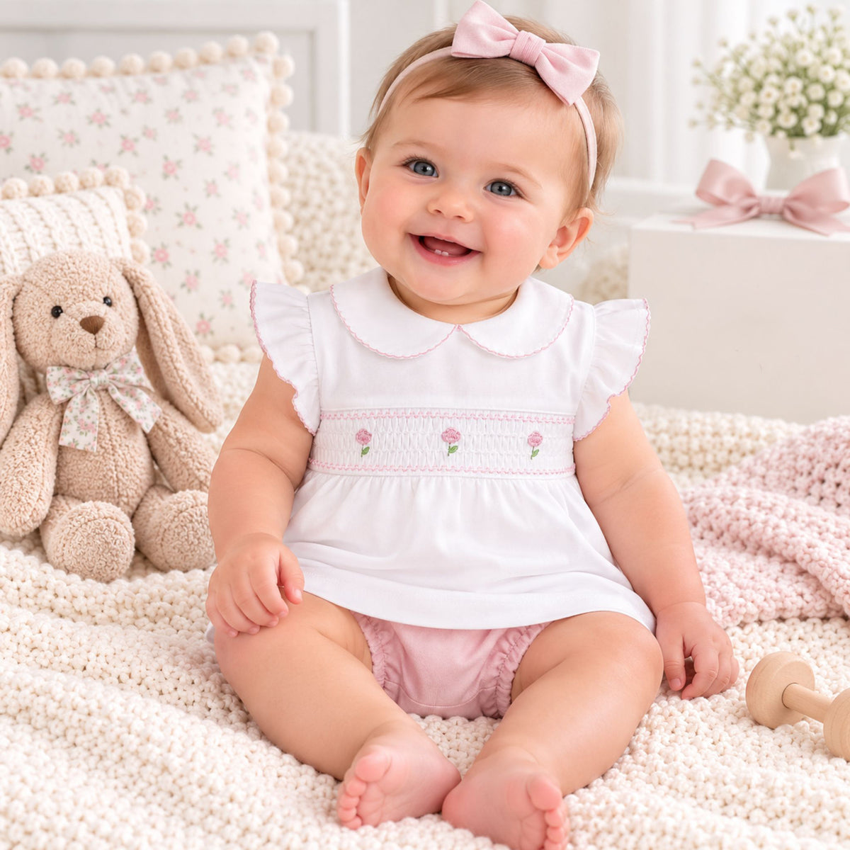 A smiling baby girl wearing a white smocked dress with pink trim and a pink bow headband, sitting on a cream knit blanket next to a plush teddy bear.