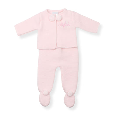 Personalised Dandelion Baby Girls Pink Knitted Two Piece Pram Suit