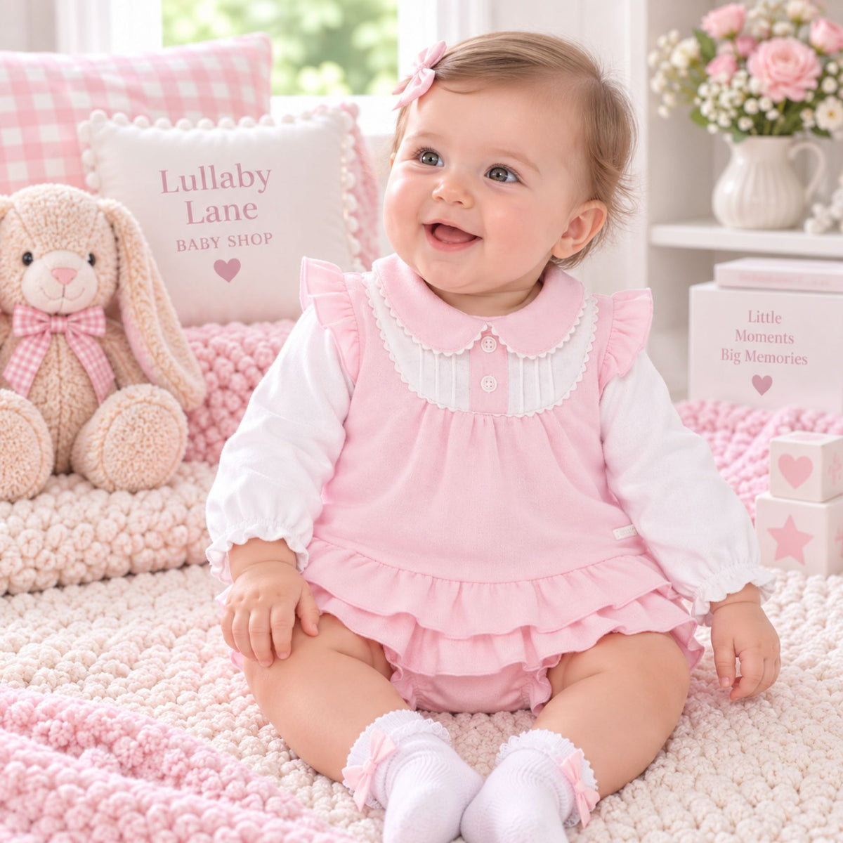 A baby girl sitting on a pink knit blanket in a nursery, wearing a pink ruffled romper over a white long-sleeve shirt. The background features a plush bunny toy, a pillow that reads 'Lullaby Lane Baby Shop', and a small box that says 'Little Moments Big Memories'.