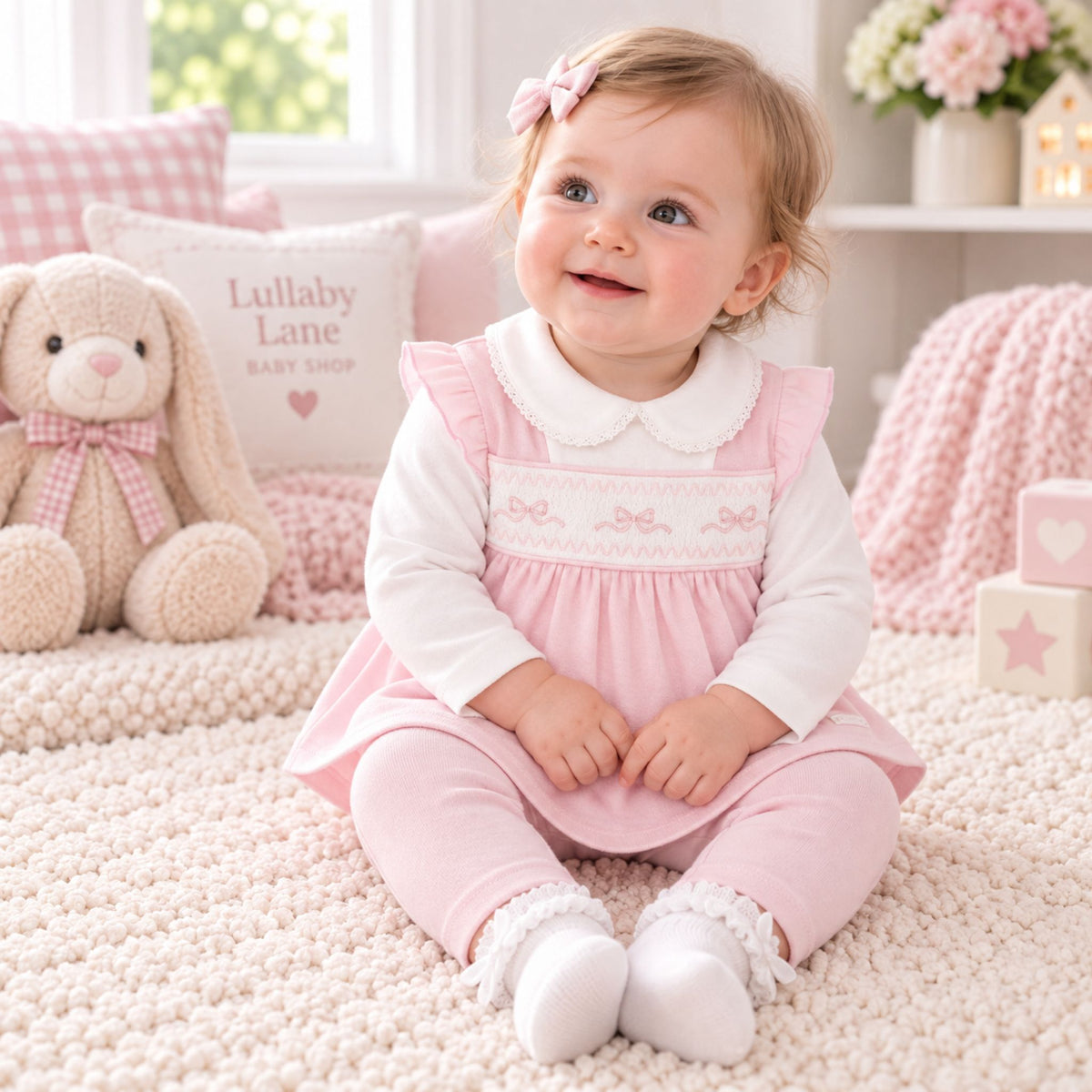 A baby girl sitting on a fluffy cream carpet in a nursery, wearing a pink smocked dress over a white long-sleeve top and matching pink leggings. A plush teddy bear sits to her left, and a pillow with the text 'Lullaby Lane Baby Shop' is visible in the background.