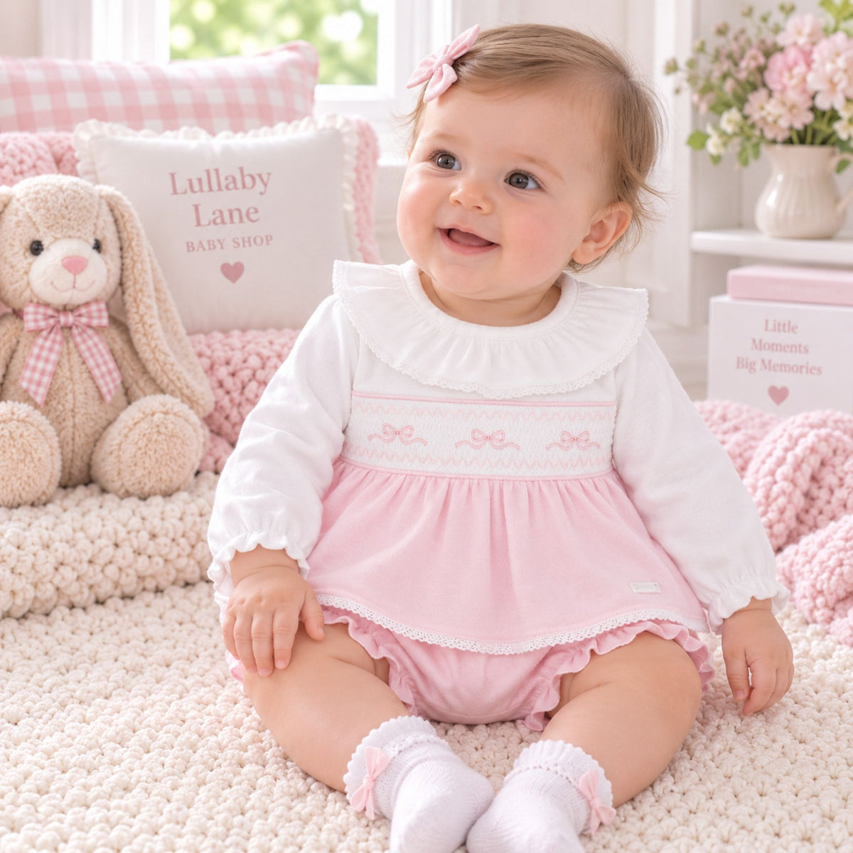 A baby girl sitting on a cream knit rug in a cozy nursery setting, wearing a pink and white smocked dress with white socks. The background features a plush bunny toy, a pink and white gingham pillow that reads 'Lullaby Lane Baby Shop', and soft pink knitted blankets.