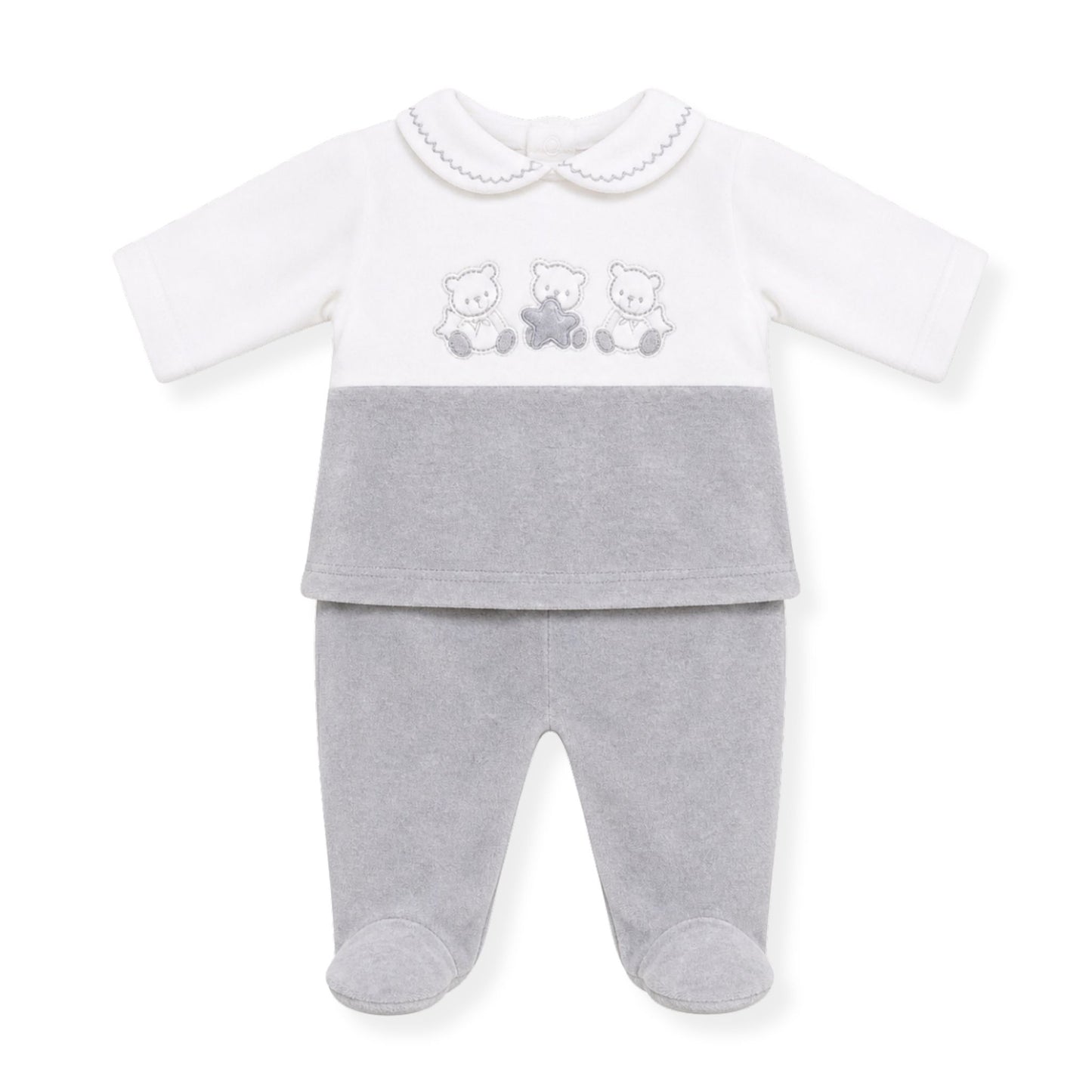 Baby outfit with white top and gray pants featuring embroidered designs on a white background