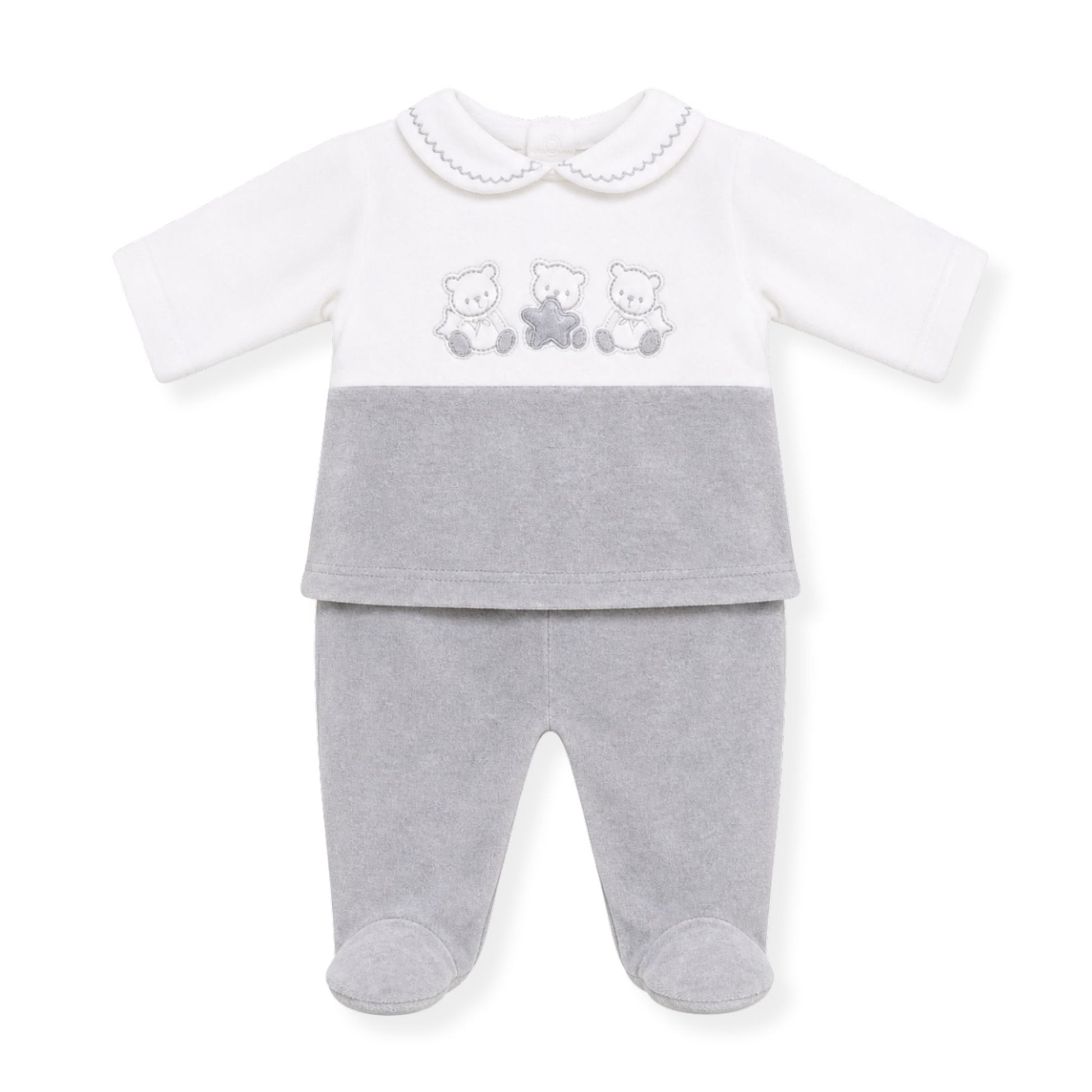 Baby outfit with white top and gray pants featuring embroidered designs on a white background