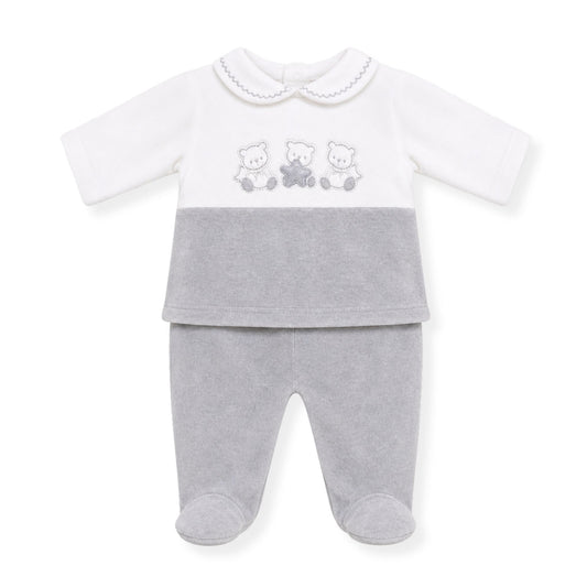 Baby outfit with white top and gray pants featuring embroidered designs on a white background