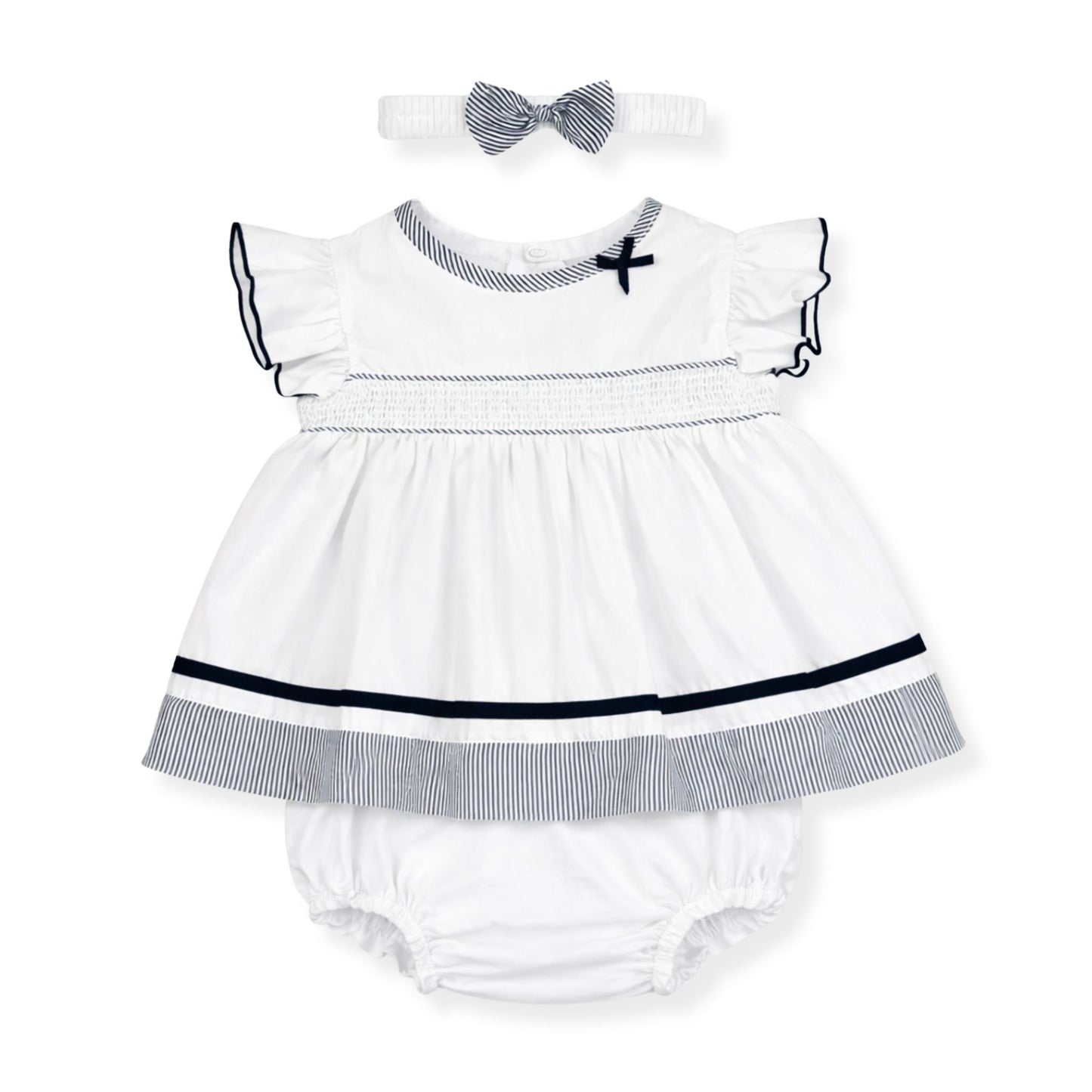 Baby dress with ruffled collar, matching bloomers, and headband on a white background