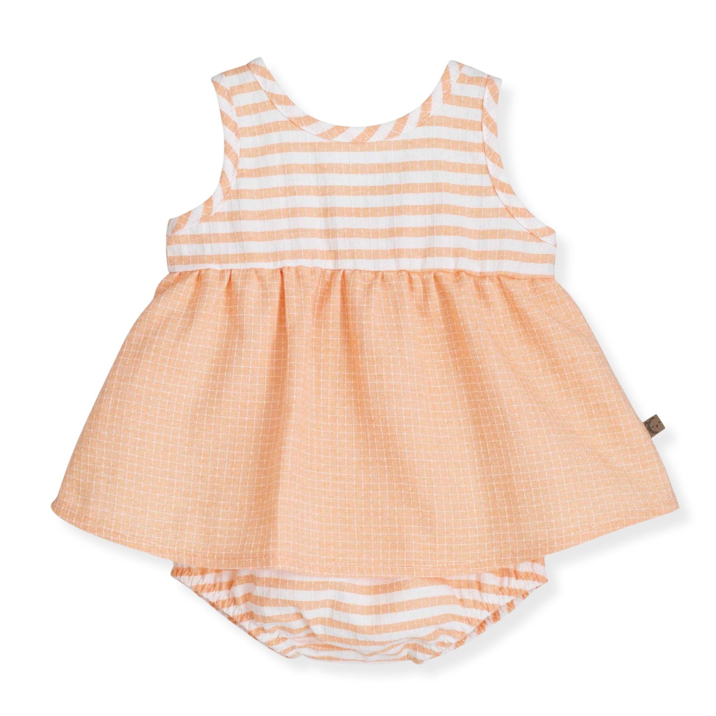 Children's dress with orange and white striped pattern on a white background