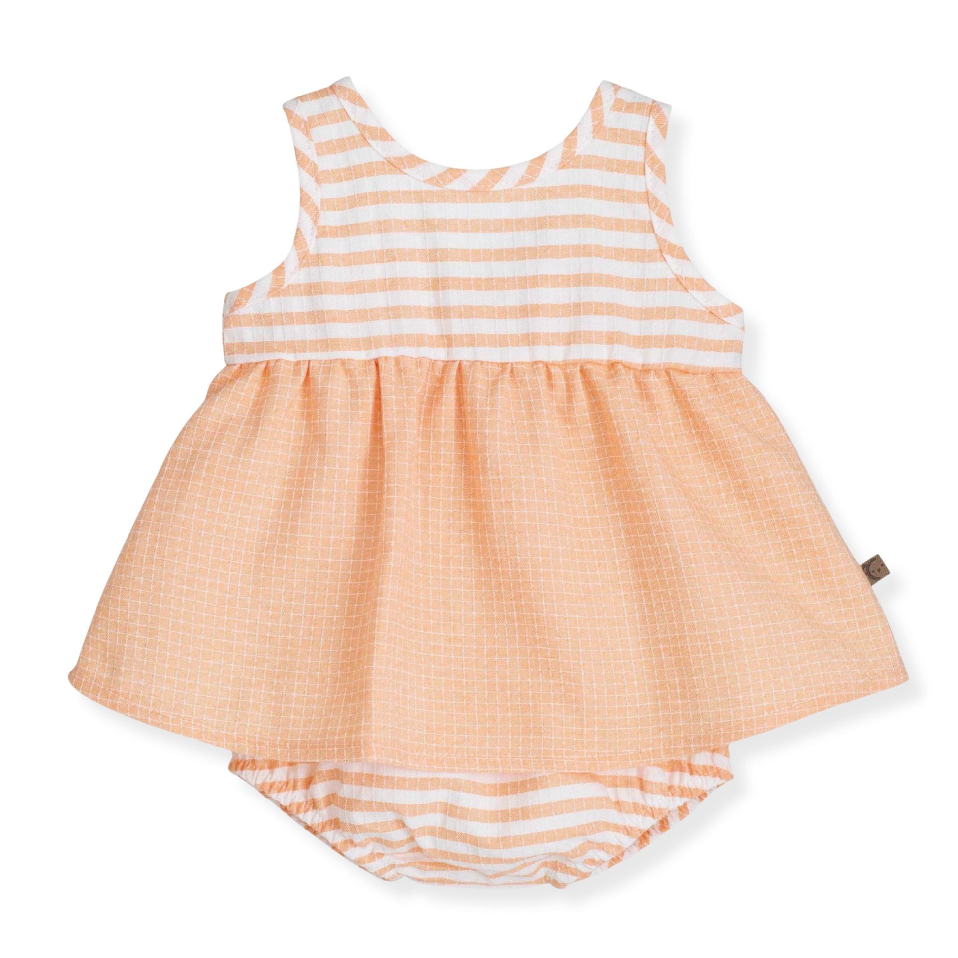 Children's dress with orange and white striped pattern on a white background