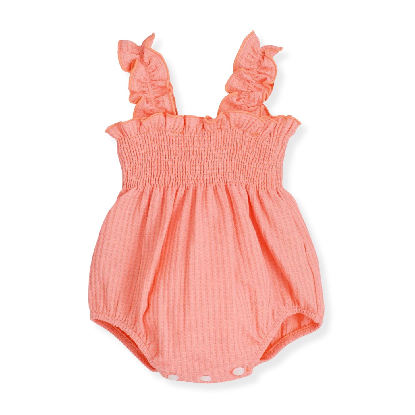 Coral baby romper with ruffled straps on a white background