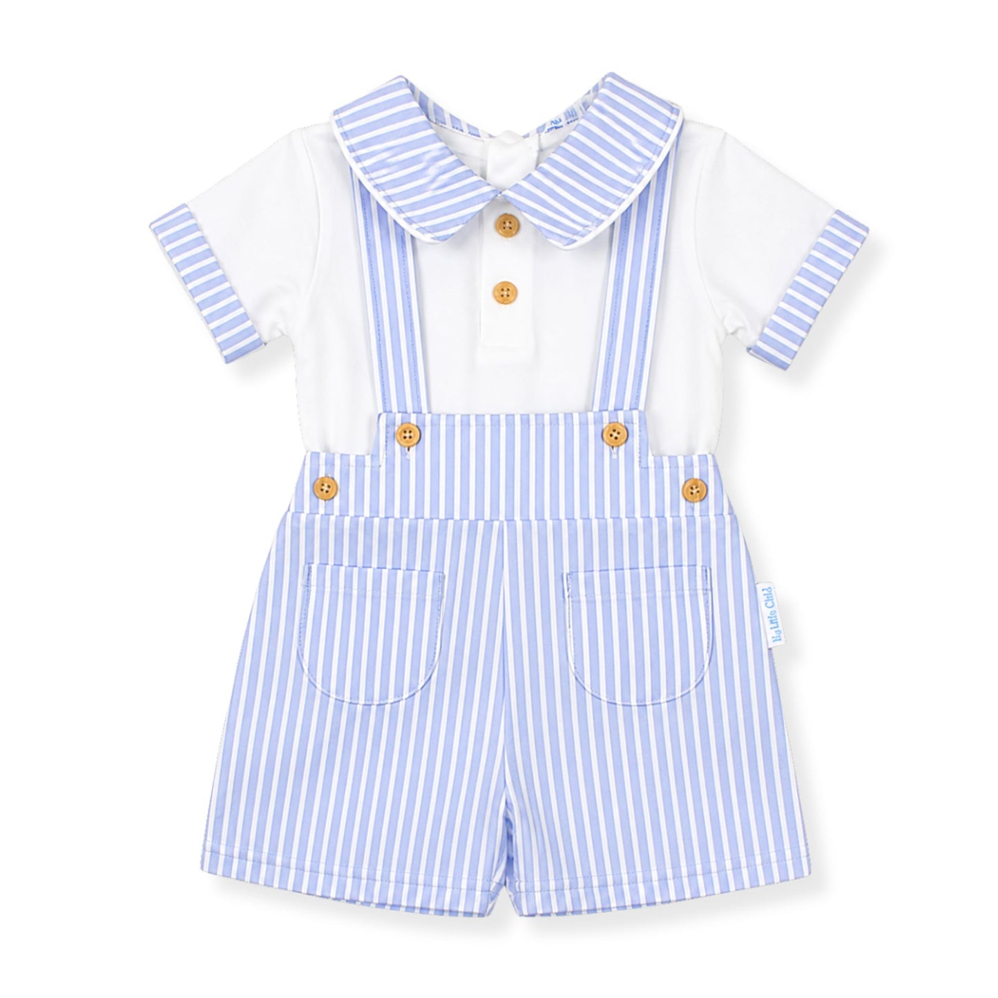 Baby outfit with blue and white striped shirt and shorts on a white background