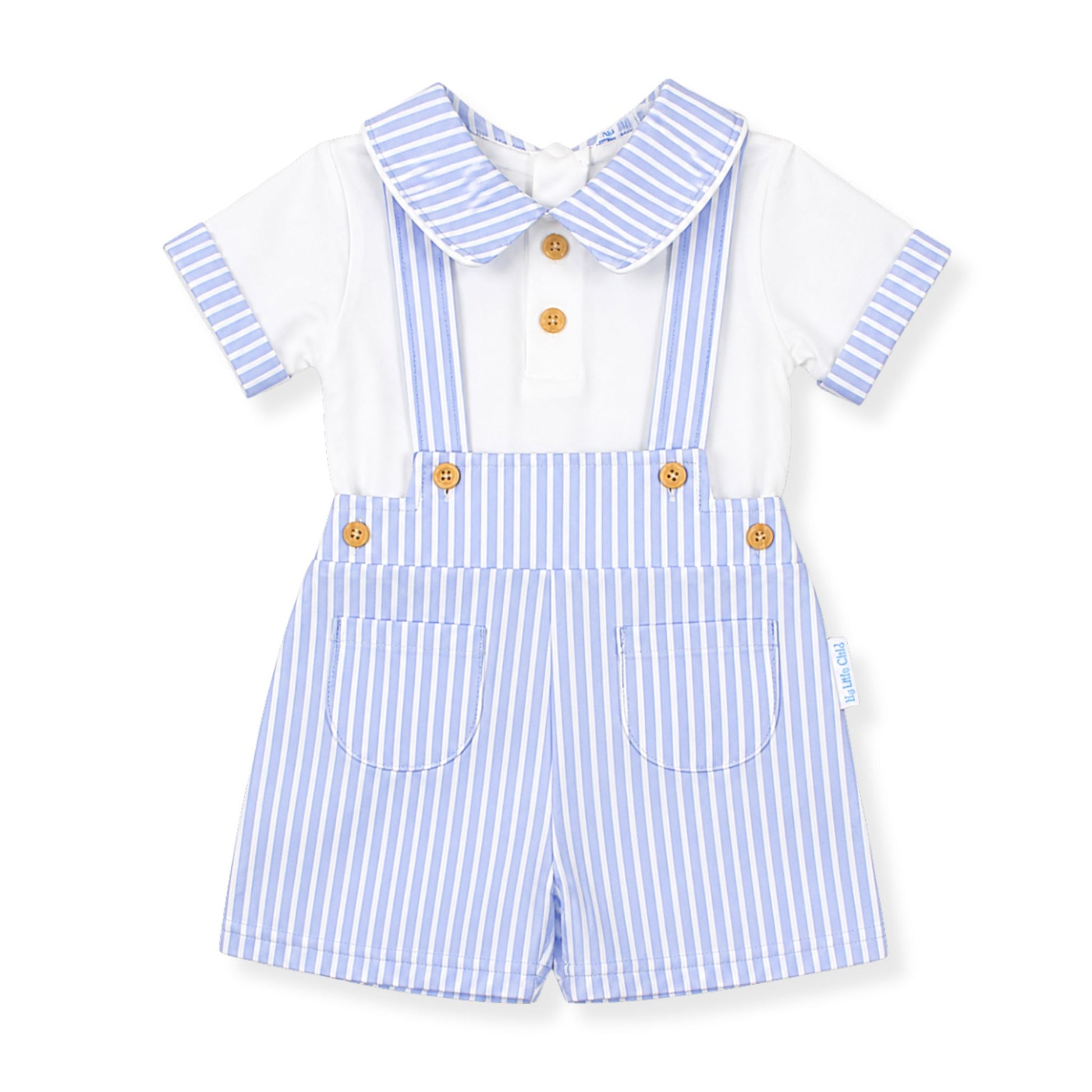 Baby outfit with blue and white striped shirt and shorts on a white background