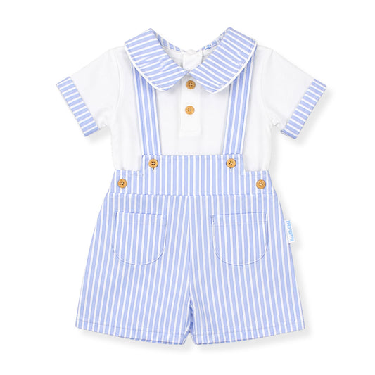 Baby outfit with blue and white striped shirt and shorts on a white background