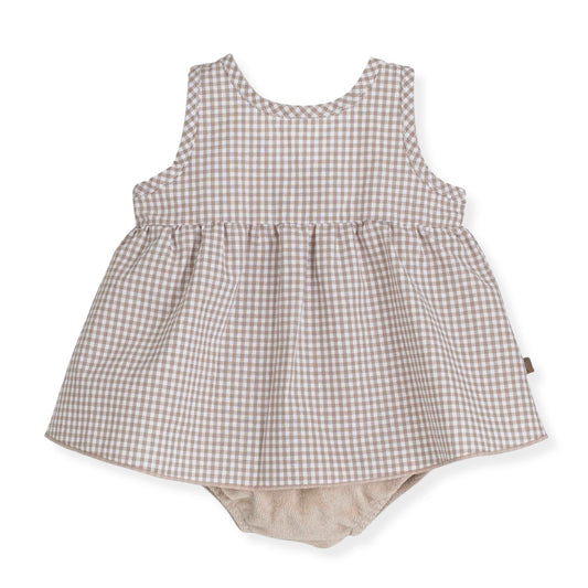 Baby romper with gingham pattern on a white background