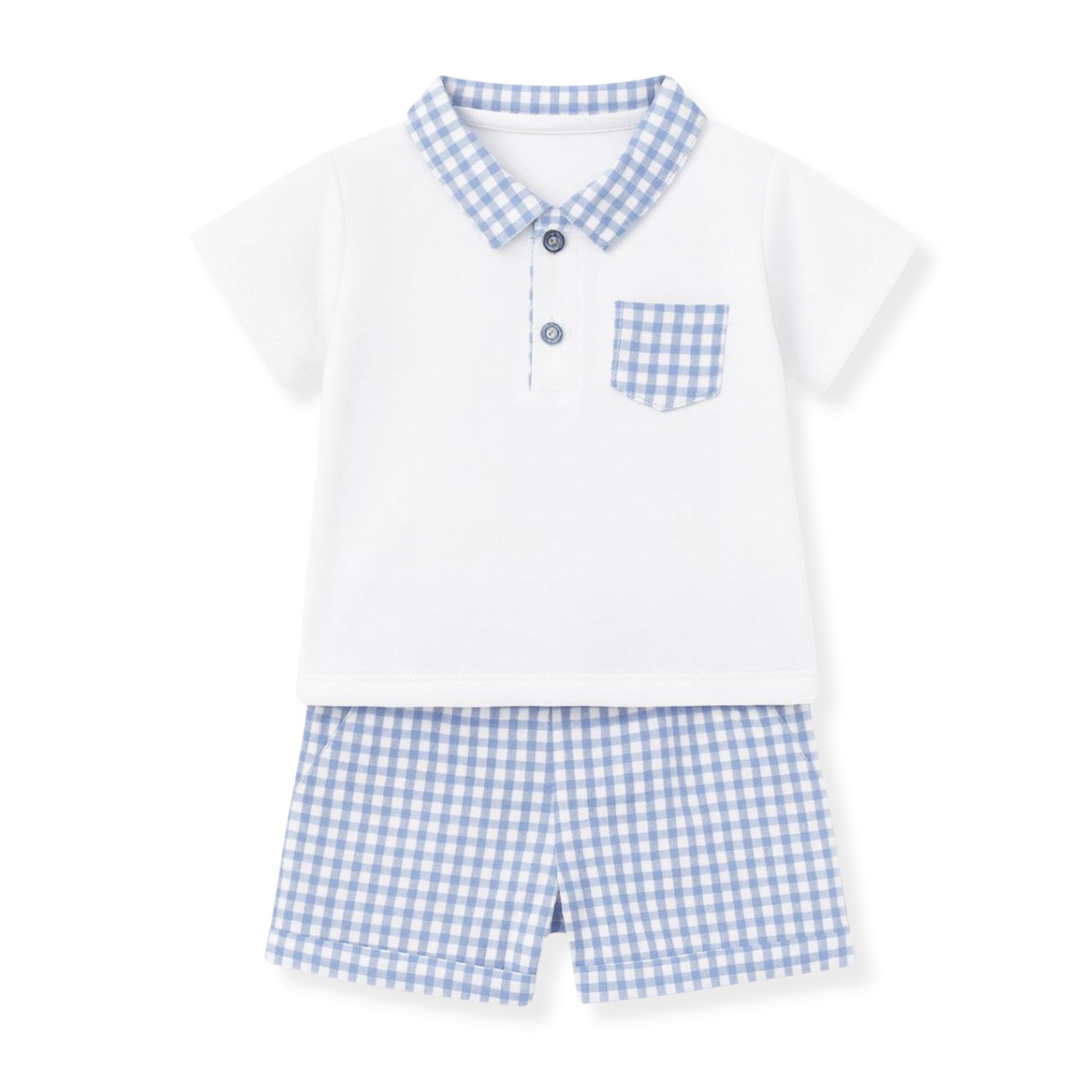 White shirt with blue checkered collar and shorts on a white background