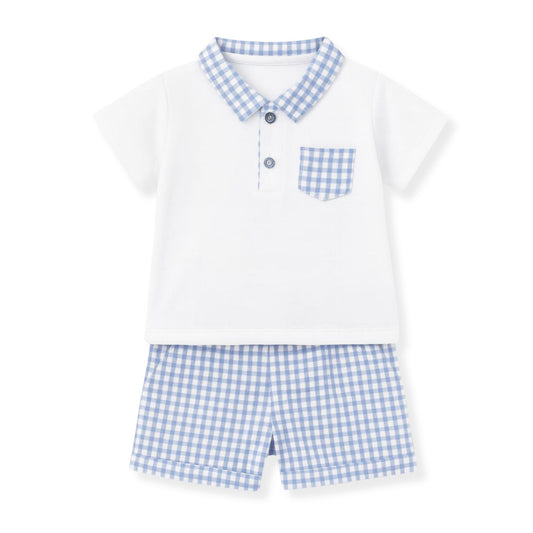 White shirt with blue checkered collar and shorts on a white background