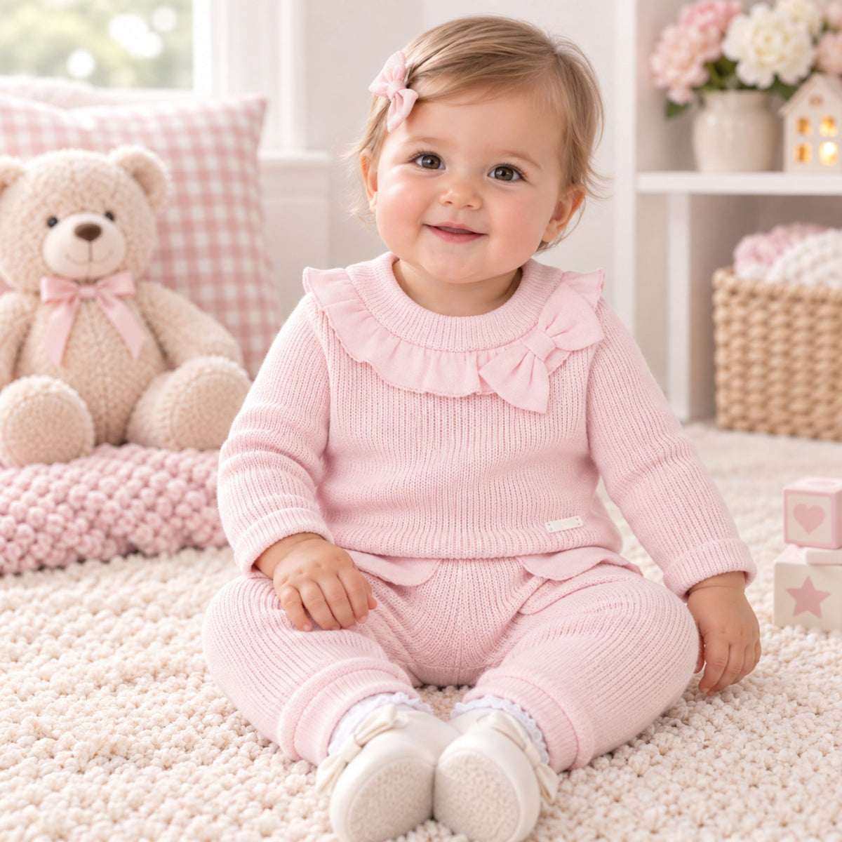 A baby girl sitting on a cream-colored textured rug in a bright, soft room. She is wearing a light pink ribbed knit two-piece outfit with a ruffled collar and bow, white shoes, and a small pink hair bow.