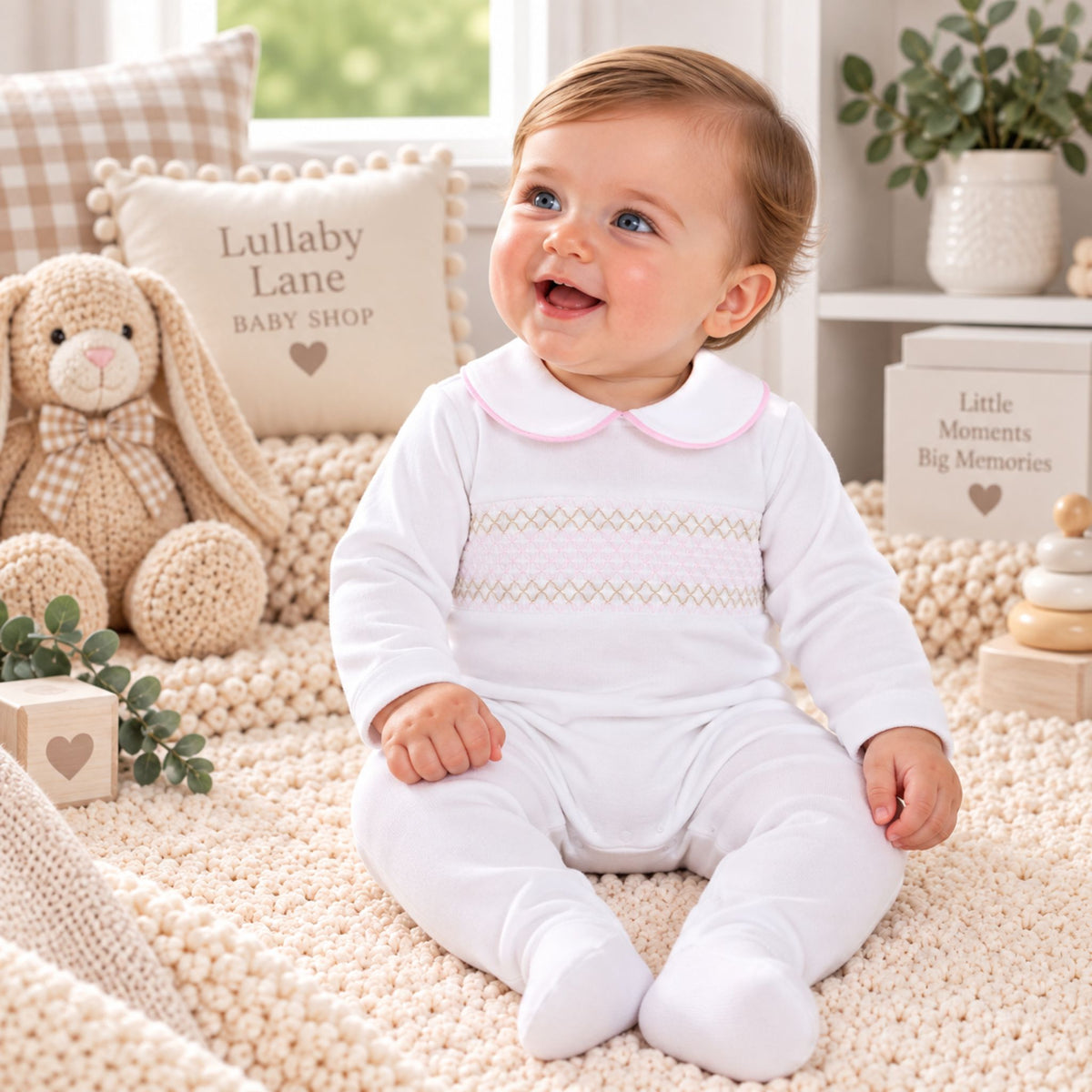 A baby sitting on a cream pom-pom blanket wearing a white footed sleeper with a pink and beige diamond pattern across the chest. The background features a cozy nursery setting with a plush bunny, pillows, and wooden toys.