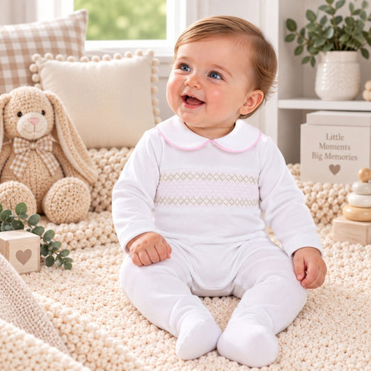 A baby sitting on a cream pom-pom blanket wearing a white footed sleeper with a pink and beige diamond pattern across the chest. The background features a cozy nursery setting with a plush bunny, pillows, and wooden toys.