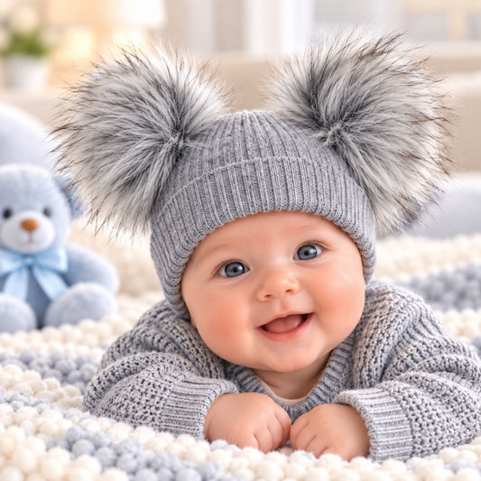 Baby Grey Double Pom Pom Hat with Grey Faux Fur Poms