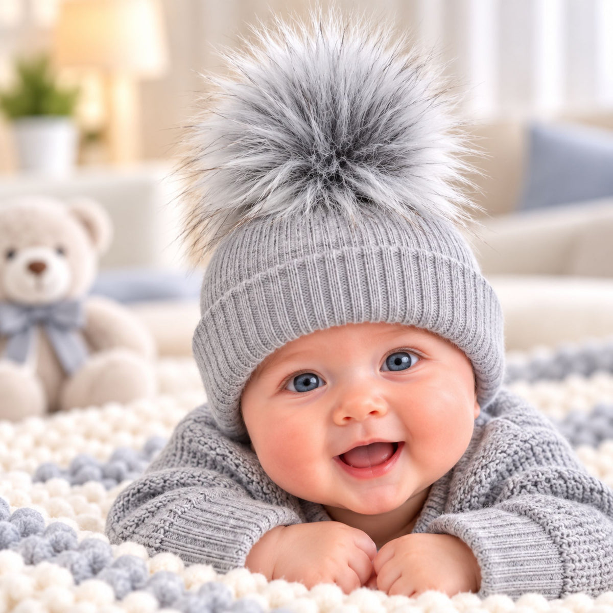 Baby Knitted Pom Pom Hat with Grey Faux Fur Pom