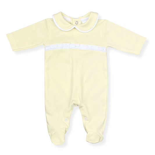Lemon yellow babygrow with white trim on a white background