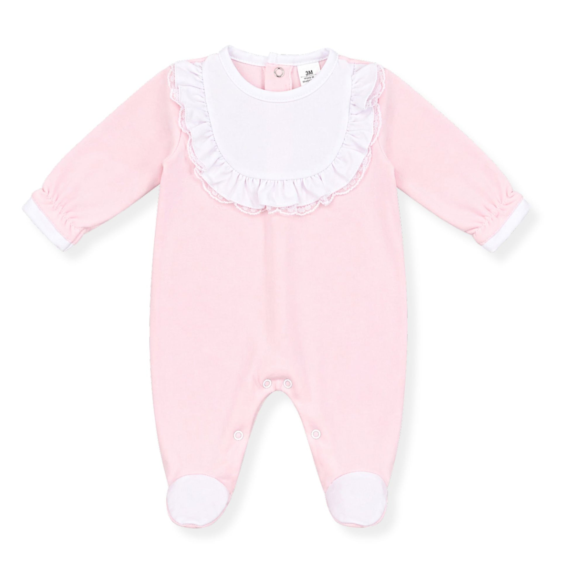 Pink baby girls’ babygrow with white bib front, frill and lace trim detail, long sleeves and footed design, photographed on a clean white background